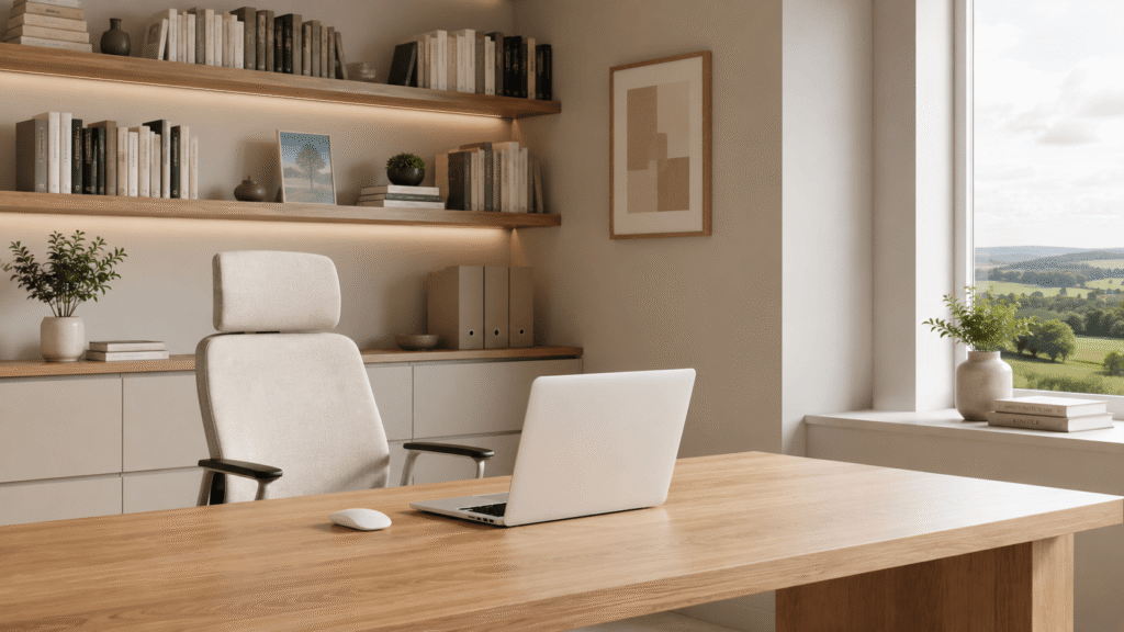 an office in nuetral tones with a chair, laptop and desk all in a minimalist style.